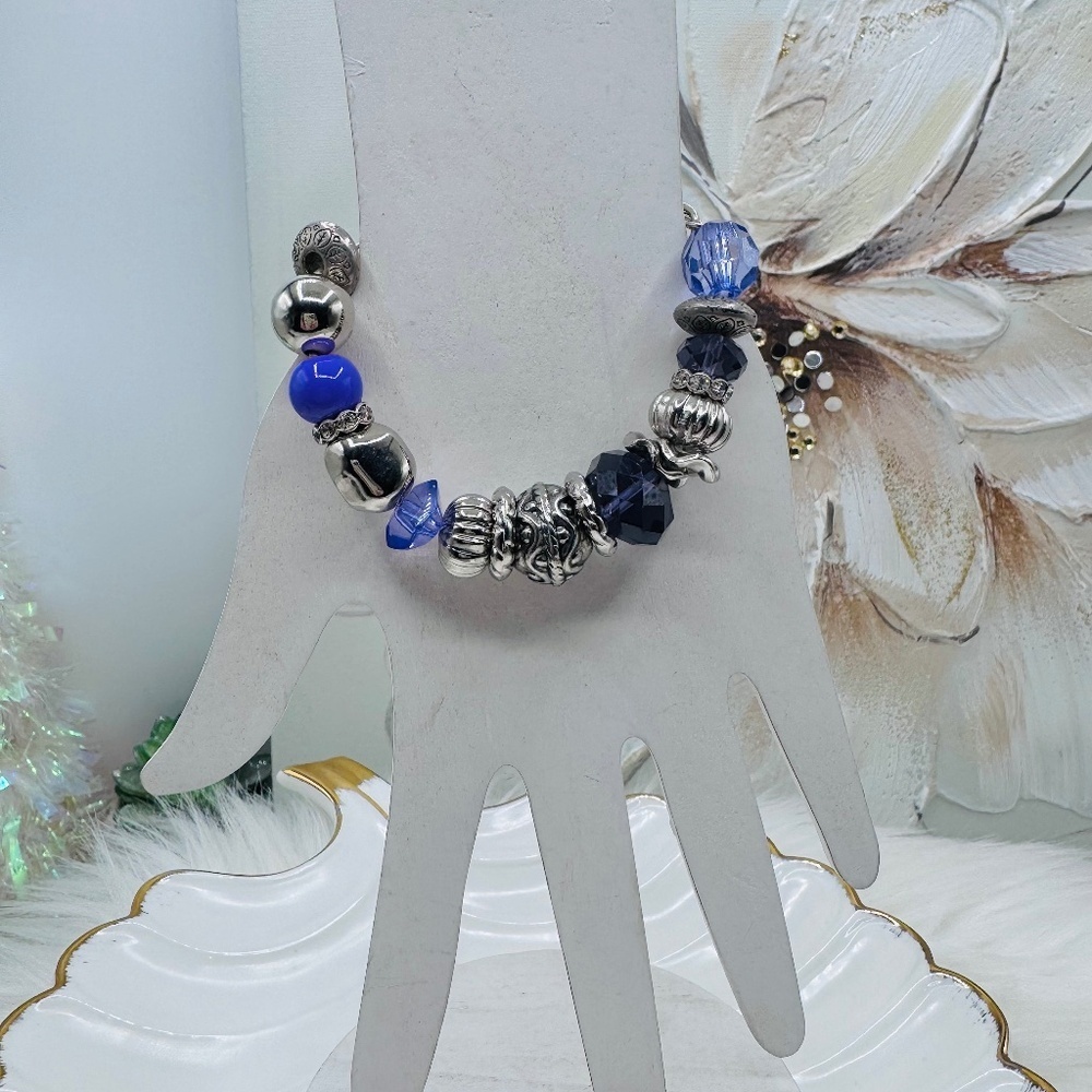 Purple Faux Crystal & Silver Charm Beaded Bracelet
